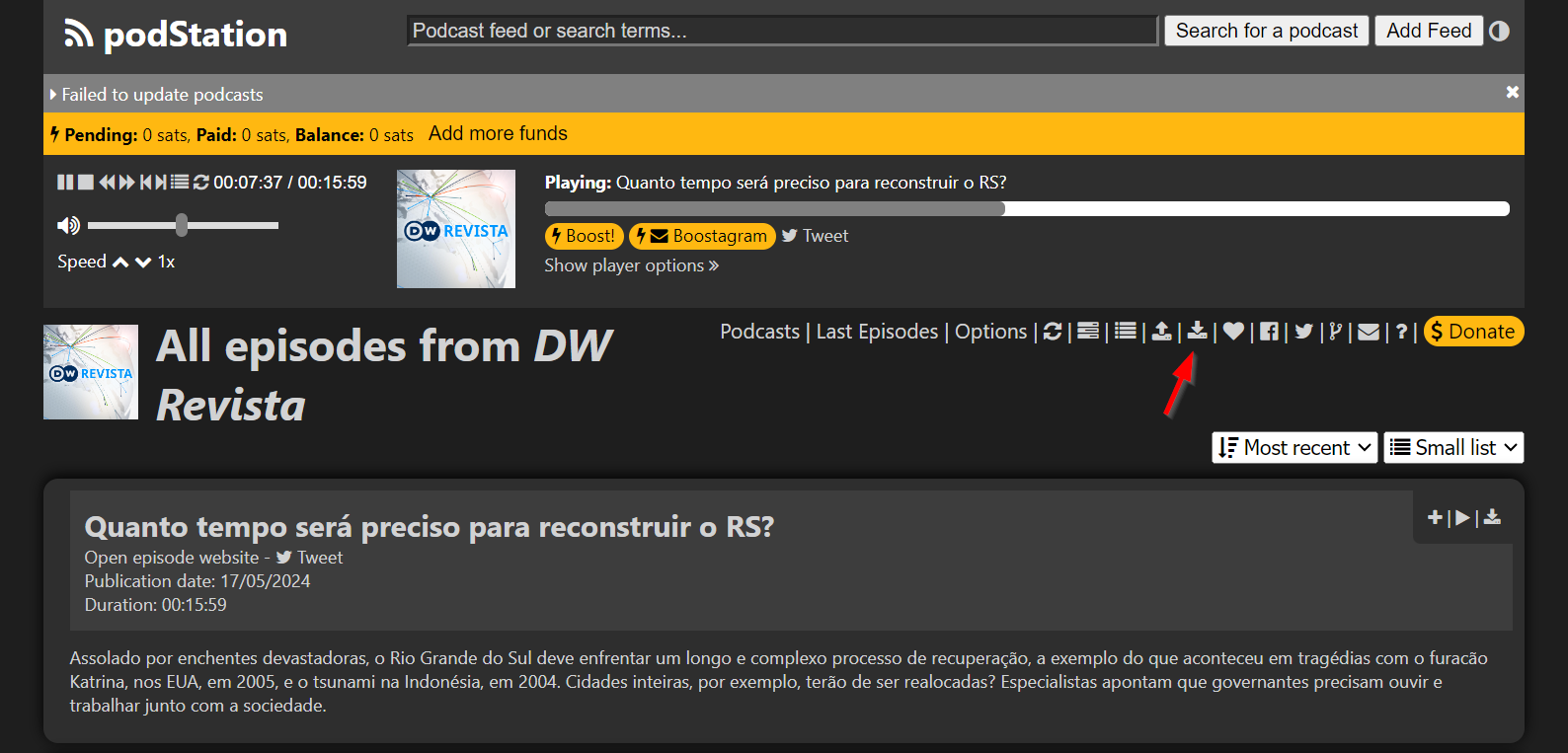 Screenshot of podStation indicating the function to download the subscribed podcasts as an OPML file